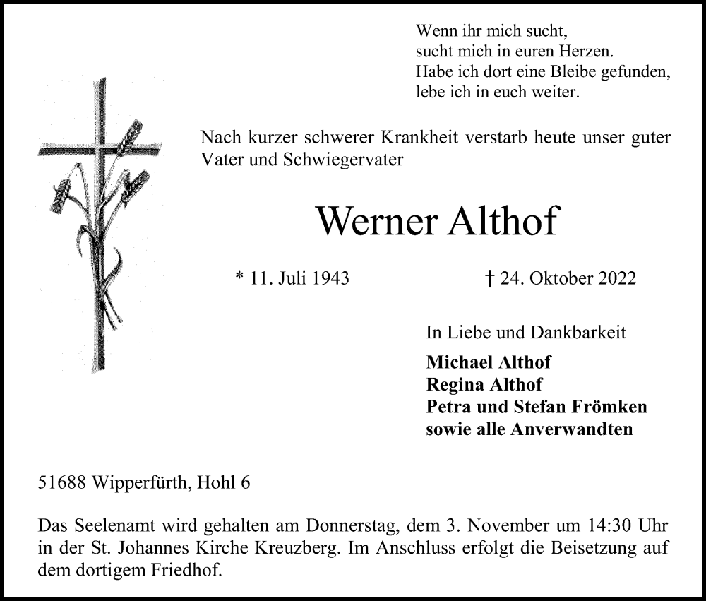  Traueranzeige für Werner Althof vom 29.10.2022 aus Kölner Stadt-Anzeiger / Kölnische Rundschau / Express