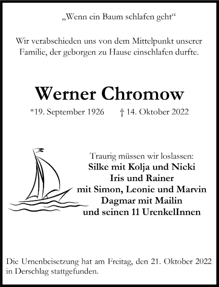  Traueranzeige für Werner Chromow vom 21.10.2022 aus  Anzeigen Echo 