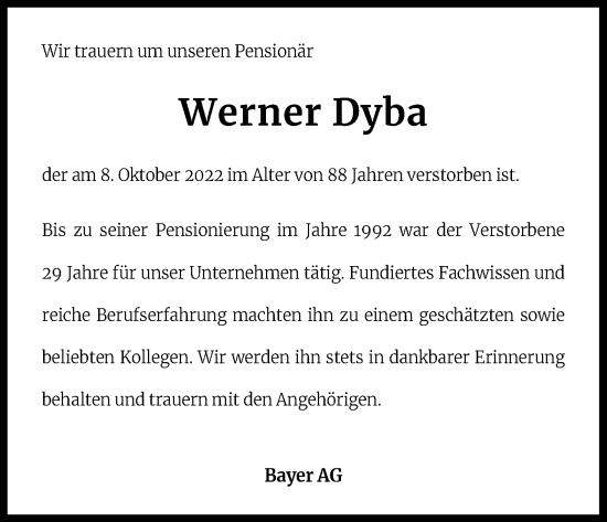 Anzeige von Werner Dyba von Kölner Stadt-Anzeiger / Kölnische Rundschau / Express