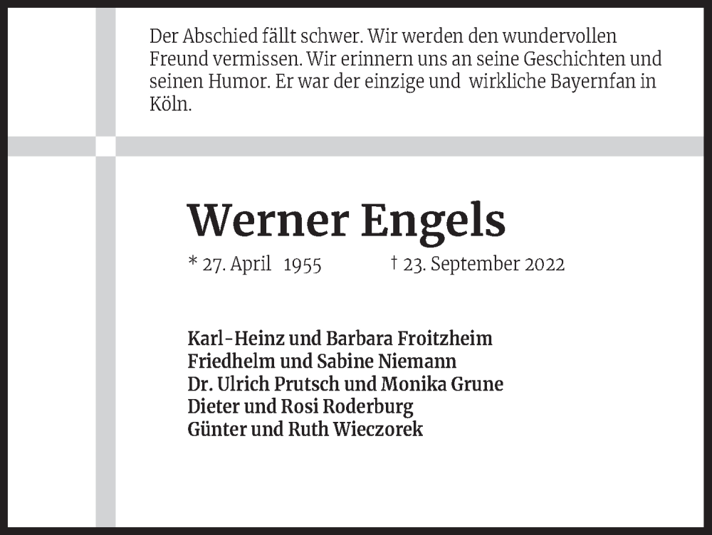  Traueranzeige für Werner Engels vom 08.10.2022 aus Kölner Stadt-Anzeiger / Kölnische Rundschau / Express