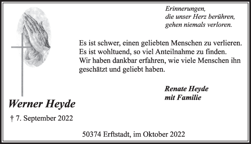  Traueranzeige für Werner Heyde vom 21.10.2022 aus  Werbepost 