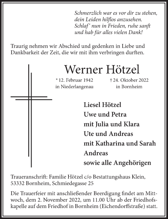 Anzeige von Werner Hötzel von  Schaufenster/Blickpunkt 