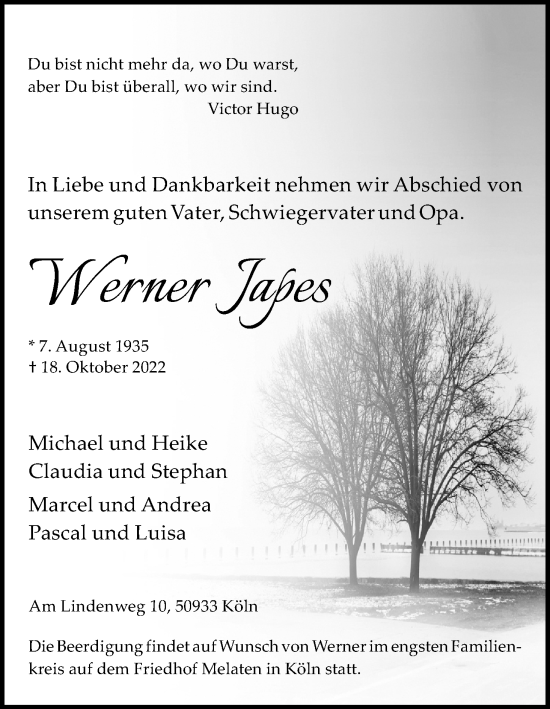Anzeige von Werner Japes von Kölner Stadt-Anzeiger / Kölnische Rundschau / Express