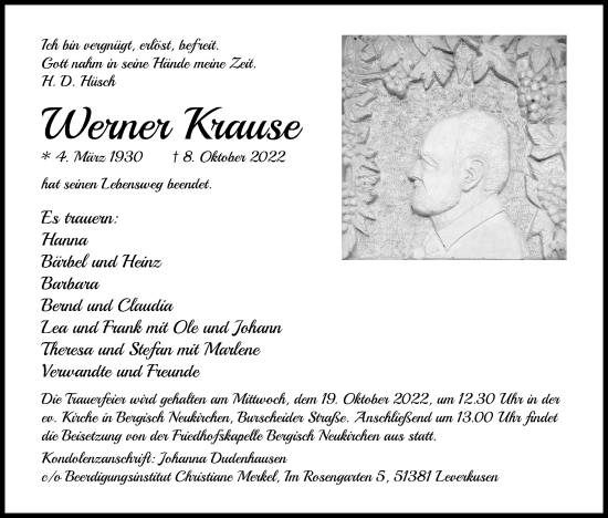 Anzeige von Werner Krause von Kölner Stadt-Anzeiger / Kölnische Rundschau / Express