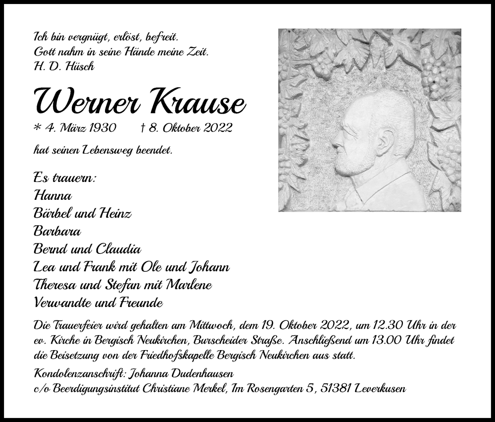  Traueranzeige für Werner Krause vom 15.10.2022 aus Kölner Stadt-Anzeiger / Kölnische Rundschau / Express