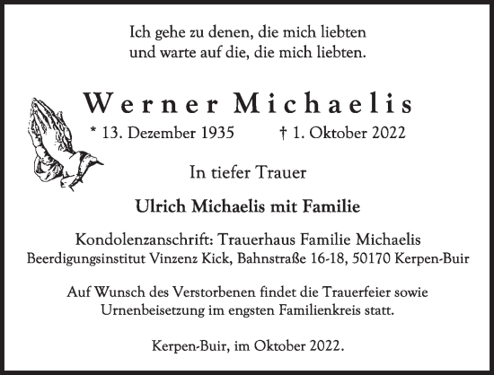 Anzeige von Werner Michaelis von  Werbepost 