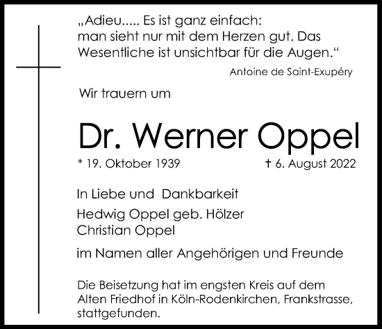 Anzeige von Werner Oppel von Kölner Stadt-Anzeiger / Kölnische Rundschau / Express