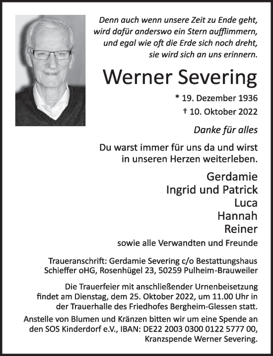 Anzeige von Werner Severing von  Werbepost 