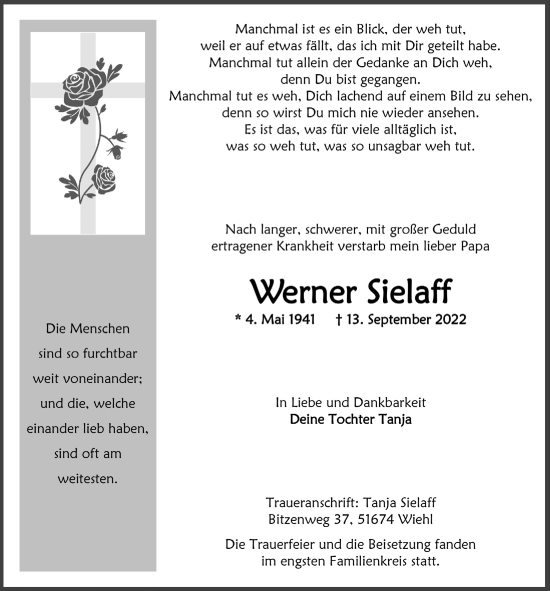 Anzeige von Werner Sielaff von  Anzeigen Echo 