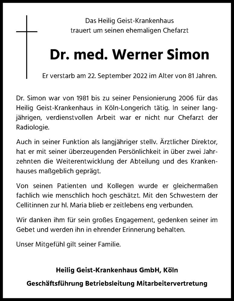  Traueranzeige für Werner Simon vom 08.10.2022 aus Kölner Stadt-Anzeiger / Kölnische Rundschau / Express