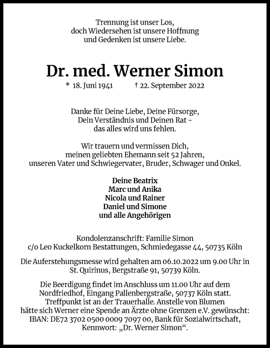 Anzeige von Werner Simon von Kölner Stadt-Anzeiger / Kölnische Rundschau / Express