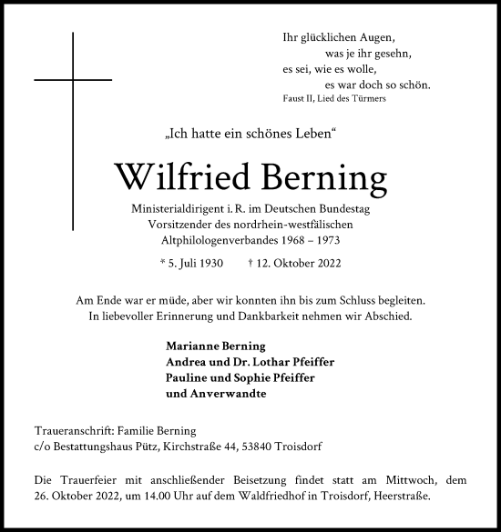 Anzeige von Wilfried Berning von Kölner Stadt-Anzeiger / Kölnische Rundschau / Express