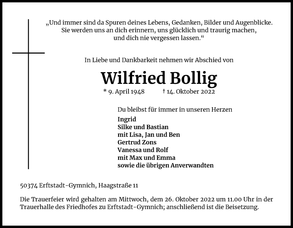  Traueranzeige für Wilfried Bollig vom 22.10.2022 aus Kölner Stadt-Anzeiger / Kölnische Rundschau / Express