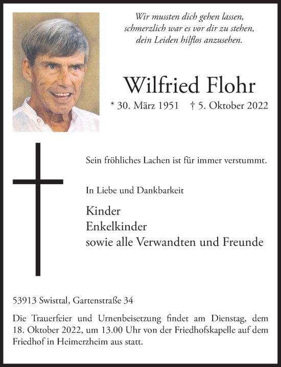 Anzeige von Wilfried Flohr von  Schaufenster/Blickpunkt 