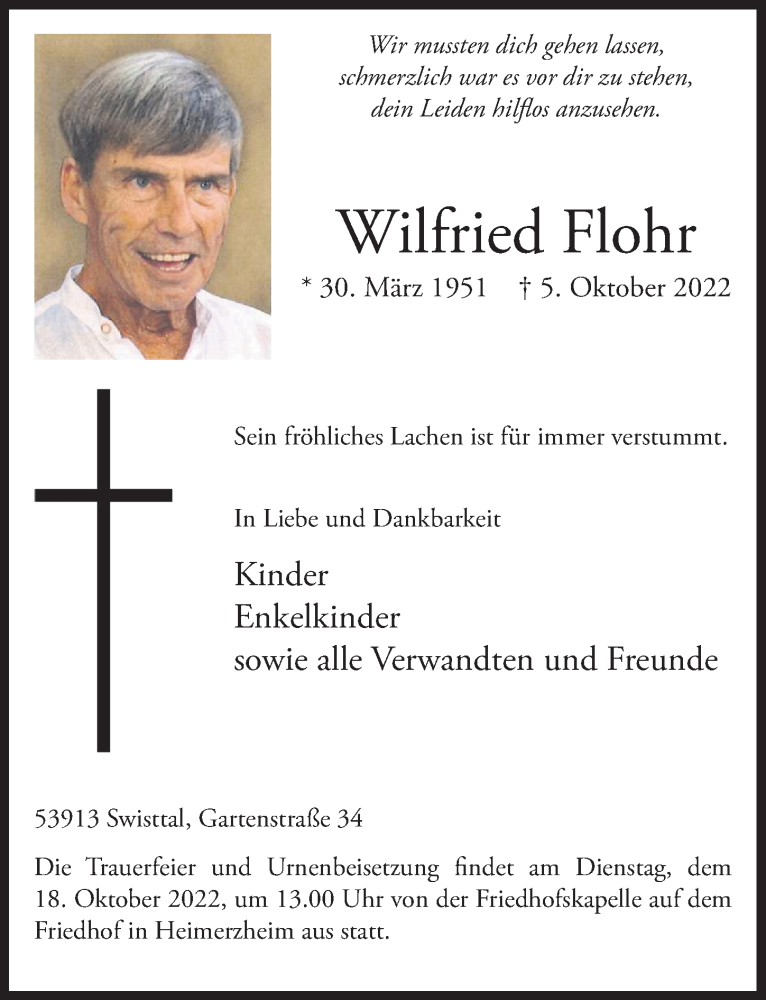 Traueranzeige für Wilfried Flohr vom 14.10.2022 aus  Schaufenster/Blickpunkt 