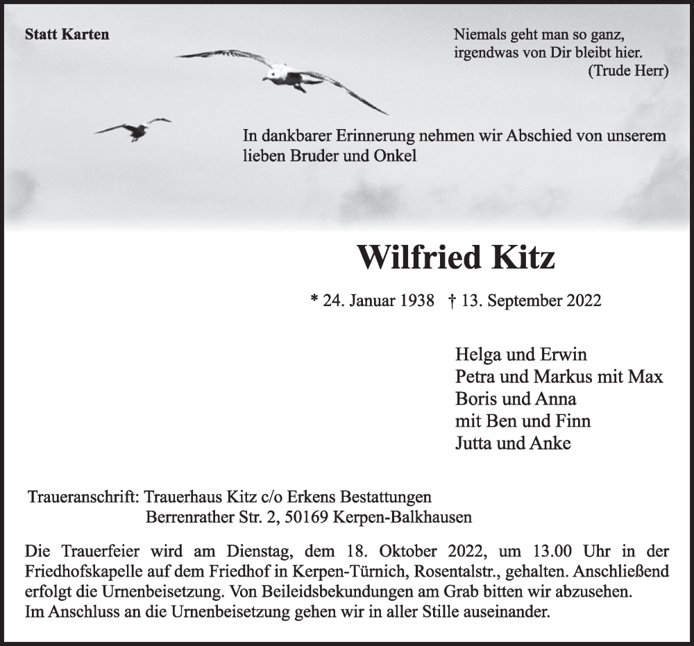  Traueranzeige für Wilfried Kitz vom 07.10.2022 aus  Werbepost 