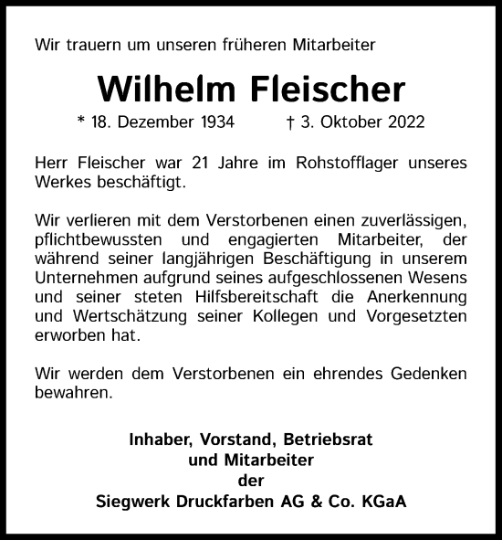 Anzeige von Wilhelm Fleischer von Kölner Stadt-Anzeiger / Kölnische Rundschau / Express