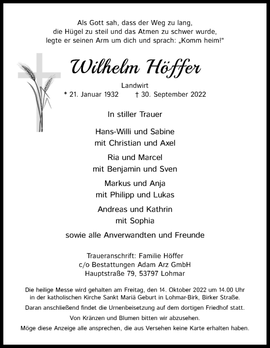 Anzeige von Wilhelm Höffer von Kölner Stadt-Anzeiger / Kölnische Rundschau / Express
