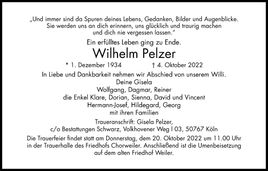 Anzeige von Wilhelm Pelzer von Kölner Stadt-Anzeiger / Kölnische Rundschau / Express