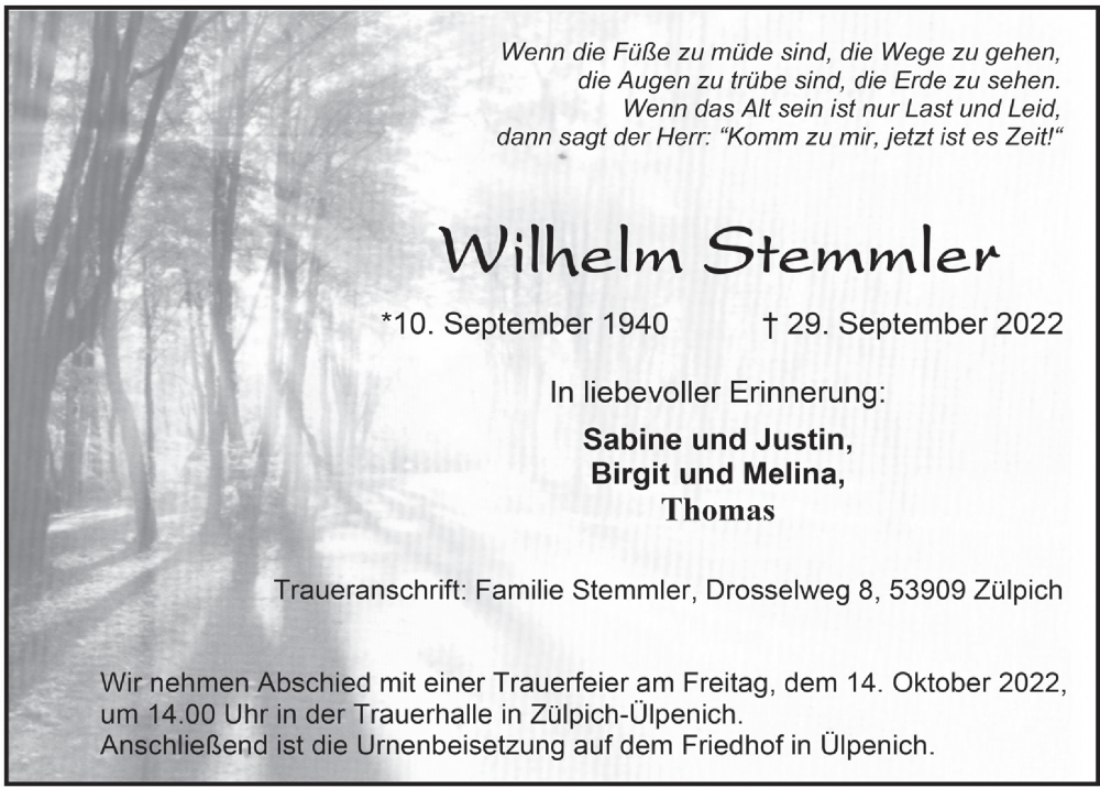  Traueranzeige für Wilhelm Stemmler vom 08.10.2022 aus  Blickpunkt Euskirchen 