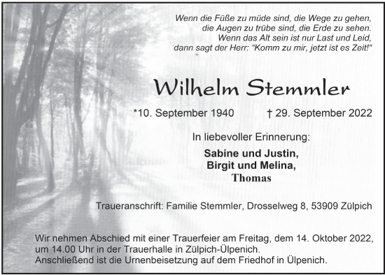 Anzeige von Wilhelm Stemmler von  Blickpunkt Euskirchen 