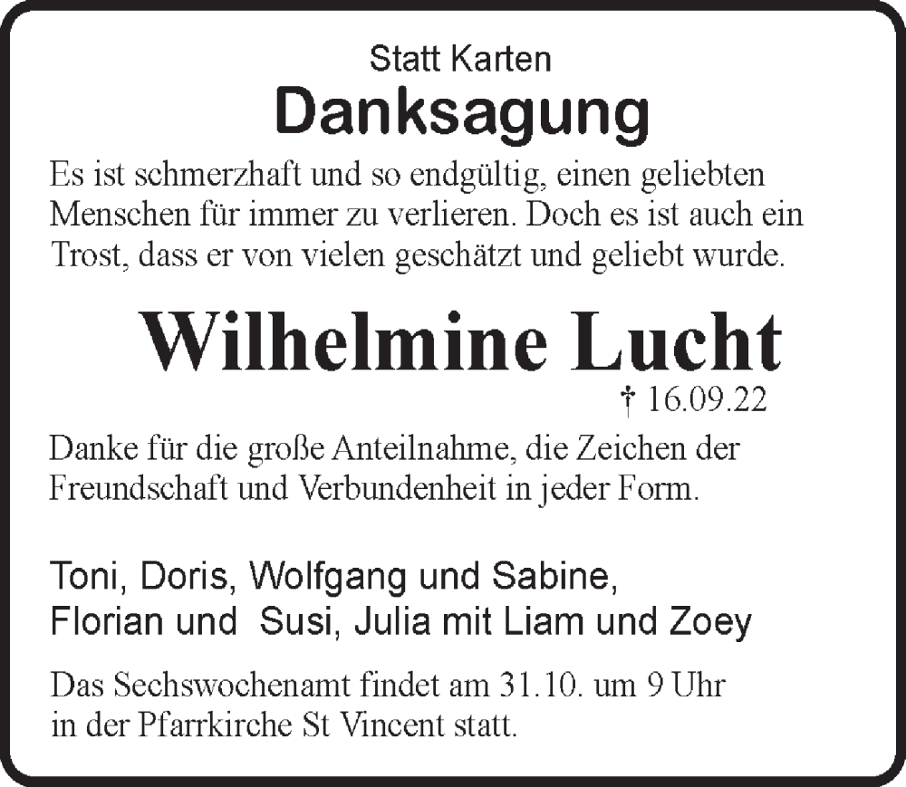  Traueranzeige für Wilhelmine Lucht vom 28.10.2022 aus  Werbepost 