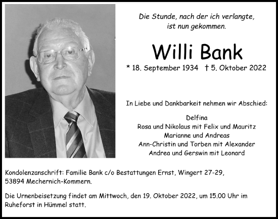 Anzeige von Willi Bank von  Blickpunkt Euskirchen 