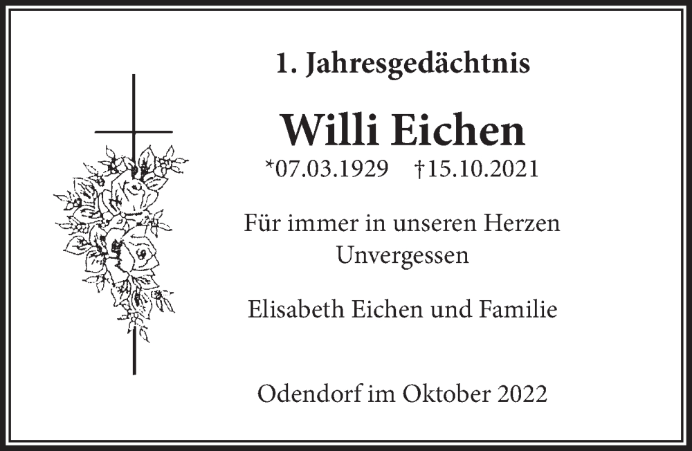  Traueranzeige für Willi Eichen vom 14.10.2022 aus  Schaufenster/Blickpunkt 
