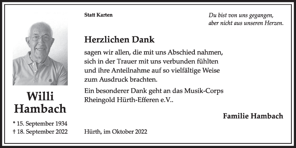  Traueranzeige für Willi Hambach vom 28.10.2022 aus  Wochenende 