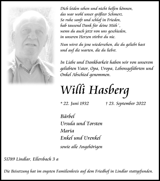 Anzeige von Willi Hasberg von Kölner Stadt-Anzeiger / Kölnische Rundschau / Express