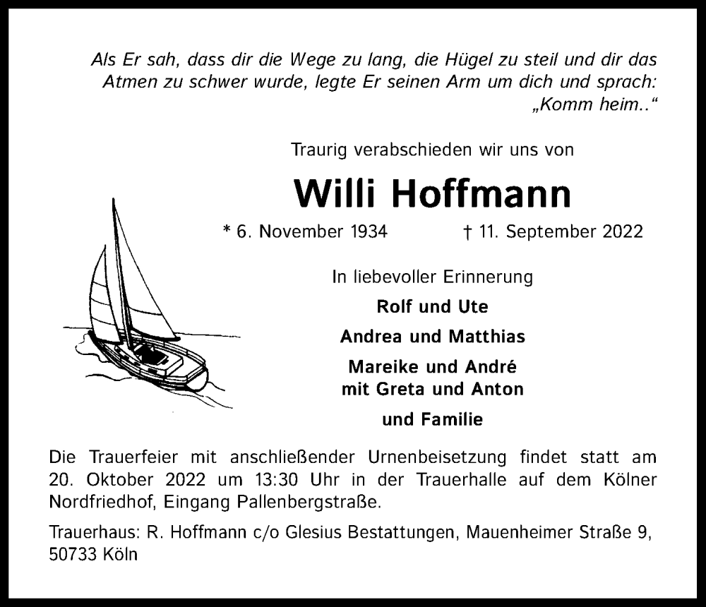  Traueranzeige für Willi Hoffmann vom 08.10.2022 aus Kölner Stadt-Anzeiger / Kölnische Rundschau / Express