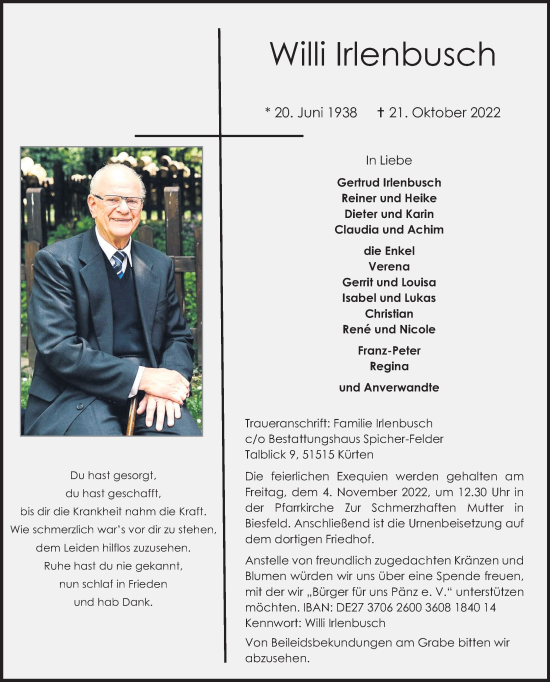 Anzeige von Willi Irlenbusch von Kölner Stadt-Anzeiger / Kölnische Rundschau / Express