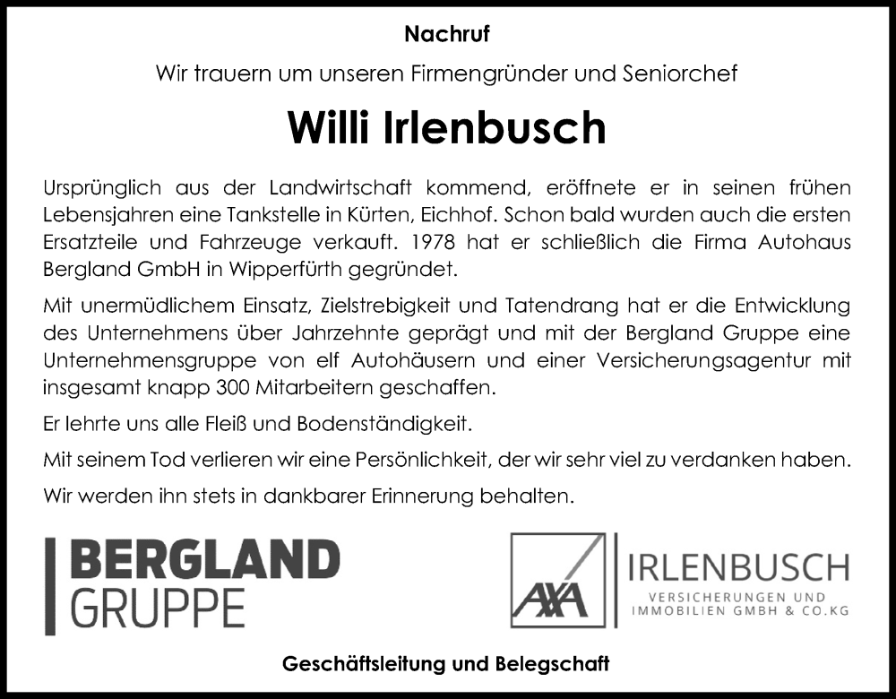  Traueranzeige für Willi Irlenbusch vom 29.10.2022 aus Kölner Stadt-Anzeiger / Kölnische Rundschau / Express
