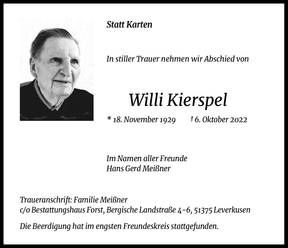  Traueranzeige für Willi Kierspel vom 29.10.2022 aus Kölner Stadt-Anzeiger / Kölnische Rundschau / Express