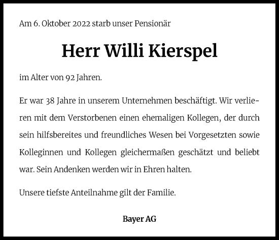 Anzeige von Willi Kierspel von Kölner Stadt-Anzeiger / Kölnische Rundschau / Express