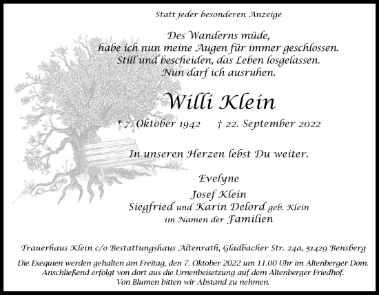 Anzeige von Willi Klein von Kölner Stadt-Anzeiger / Kölnische Rundschau / Express