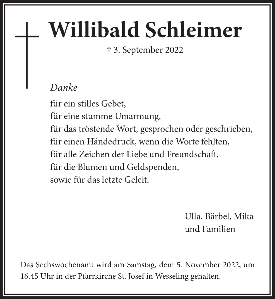  Traueranzeige für Willibald Schleimer vom 28.10.2022 aus  Schlossbote/Werbekurier 