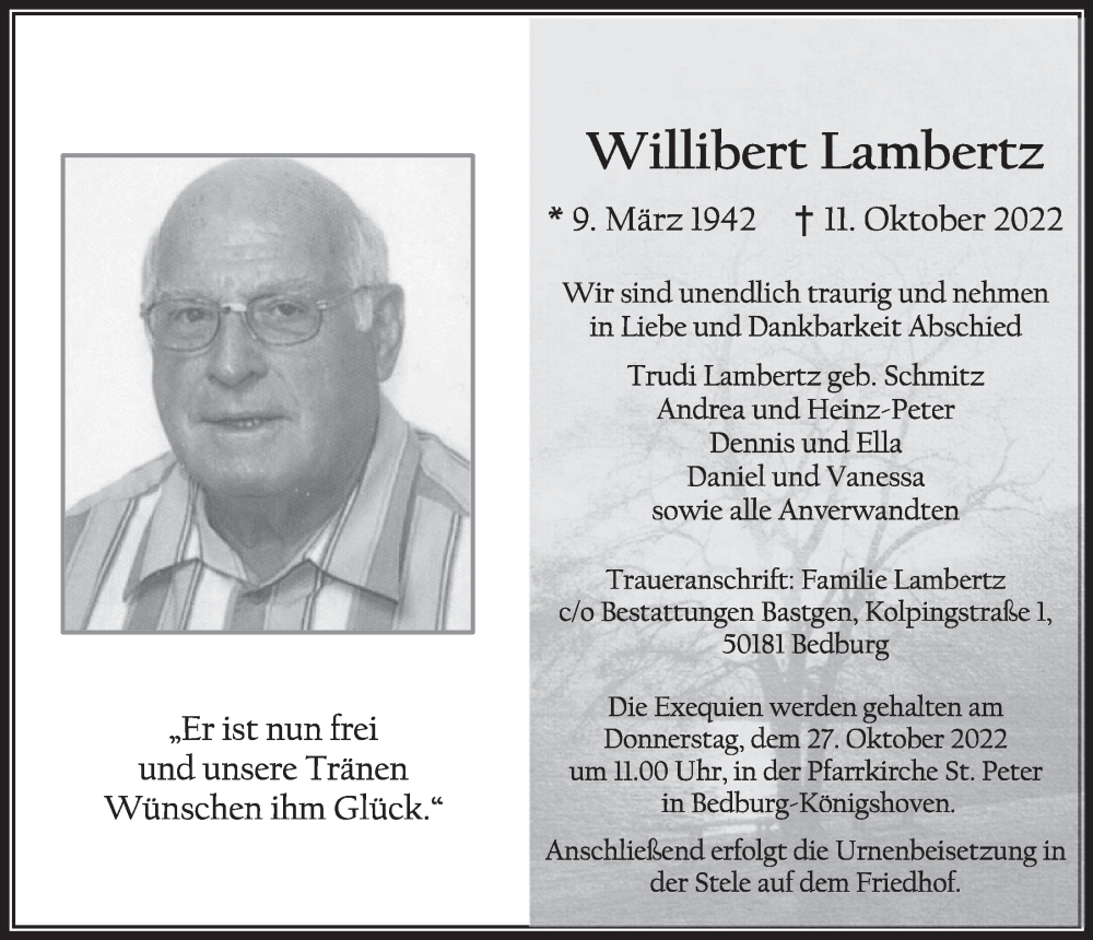  Traueranzeige für Willibert Lambertz vom 21.10.2022 aus  Werbepost 
