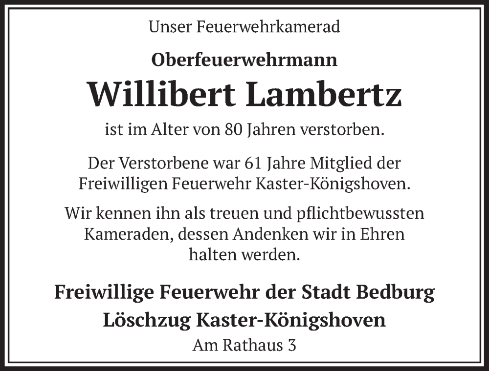  Traueranzeige für Willibert Lambertz vom 21.10.2022 aus  Werbepost 