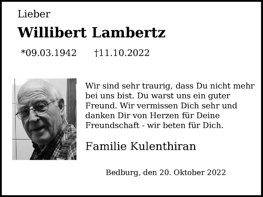  Traueranzeige für Willibert Lambertz vom 20.10.2022 aus Kölner Stadt-Anzeiger / Kölnische Rundschau / Express