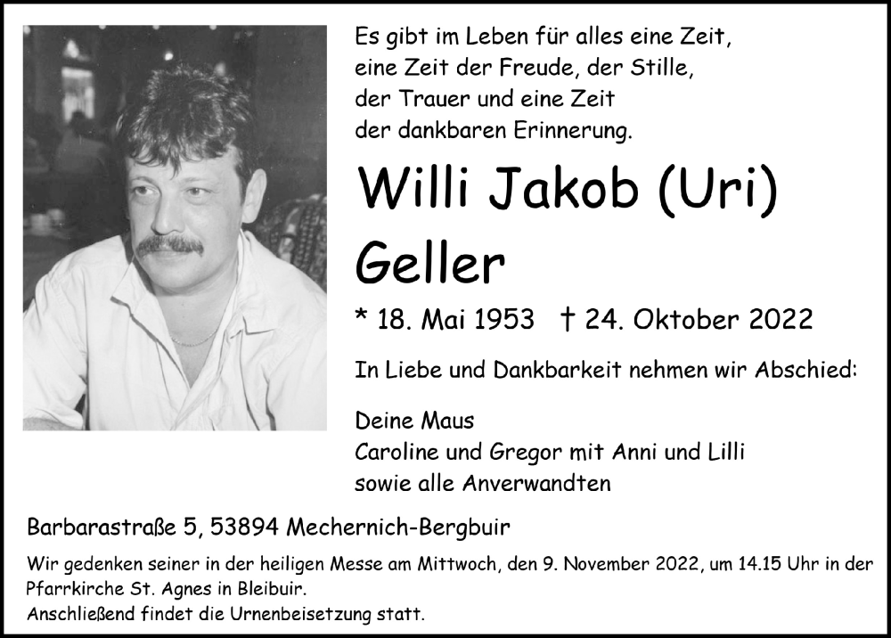  Traueranzeige für Willi Jakob Geller vom 29.10.2022 aus  Blickpunkt Euskirchen 