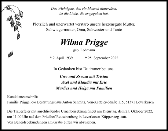 Anzeige von Wilma Prigge von Kölner Stadt-Anzeiger / Kölnische Rundschau / Express