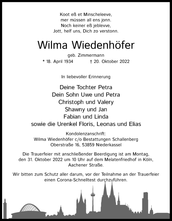 Anzeige von Wilma Wiedenhöfer von Kölner Stadt-Anzeiger / Kölnische Rundschau / Express