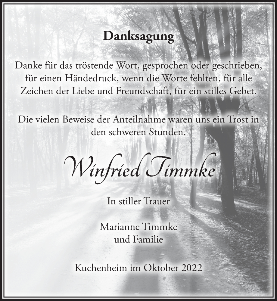  Traueranzeige für Winfried Timmke vom 15.10.2022 aus  Blickpunkt Euskirchen 