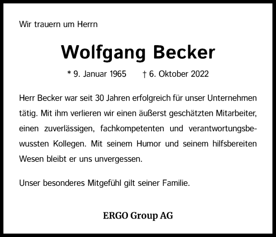 Anzeige von Wolfgang Becker von Kölner Stadt-Anzeiger / Kölnische Rundschau / Express
