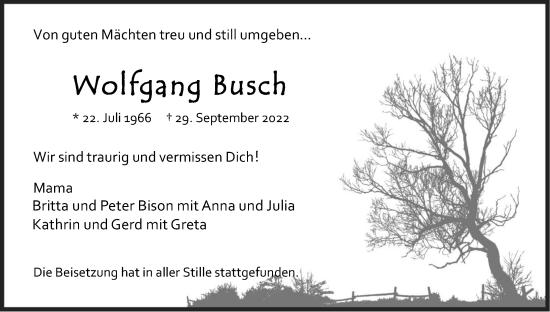 Anzeige von Wolfgang Busch von Kölner Stadt-Anzeiger / Kölnische Rundschau / Express