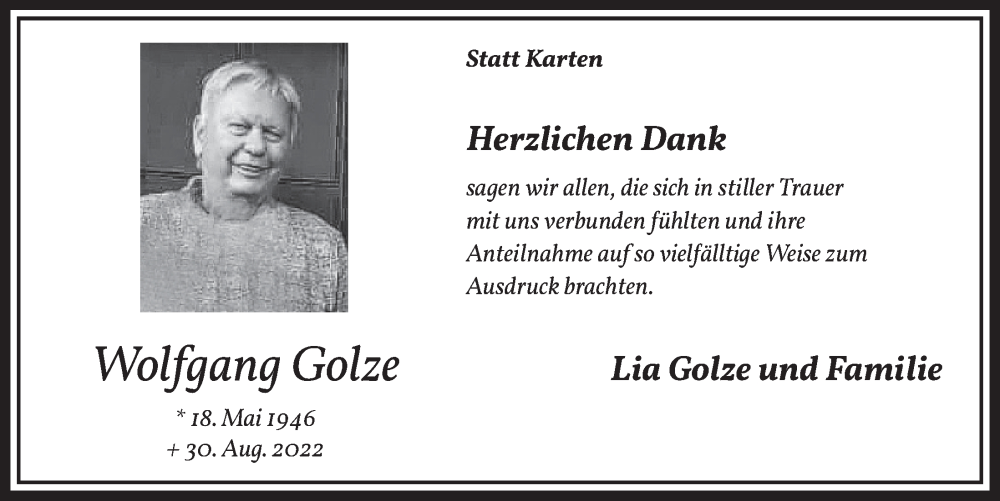  Traueranzeige für Wolfgang Golze vom 07.10.2022 aus  Werbepost 