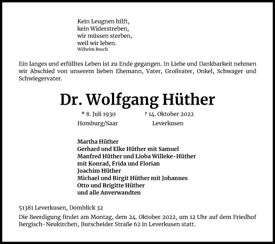 Anzeige von Wolfgang Hüther von Kölner Stadt-Anzeiger / Kölnische Rundschau / Express
