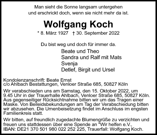 Anzeige von Wolfgang Koch von Kölner Stadt-Anzeiger / Kölnische Rundschau / Express