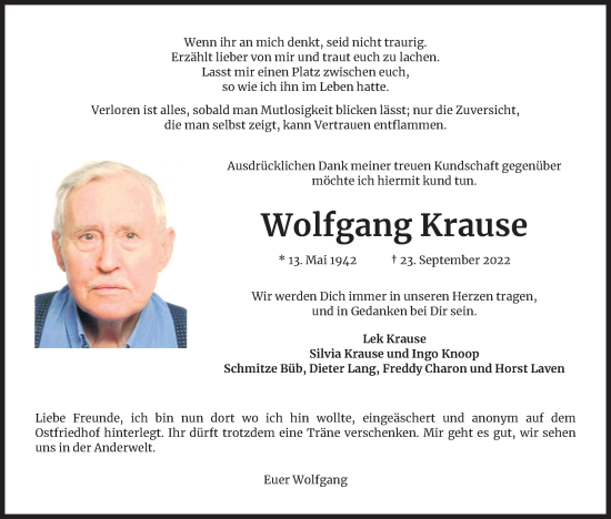 Anzeige von Wolfgang Krause von Kölner Stadt-Anzeiger / Kölnische Rundschau / Express